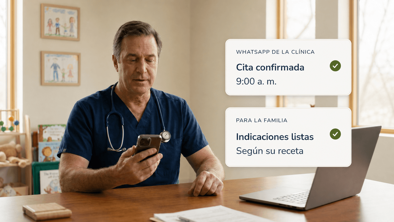 Un pediatra revisa su teléfono junto a dos tarjetas ilustrativas: WhatsApp de la clínica, cita confirmada a las 9:00 a. m.; para la familia, indicaciones listas según su receta.